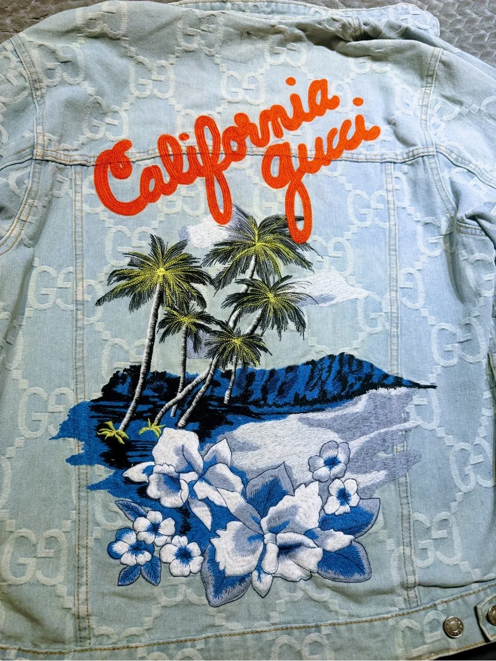Gucci 'California' Embroidered Denim Jacket - Light Blue with Red Script